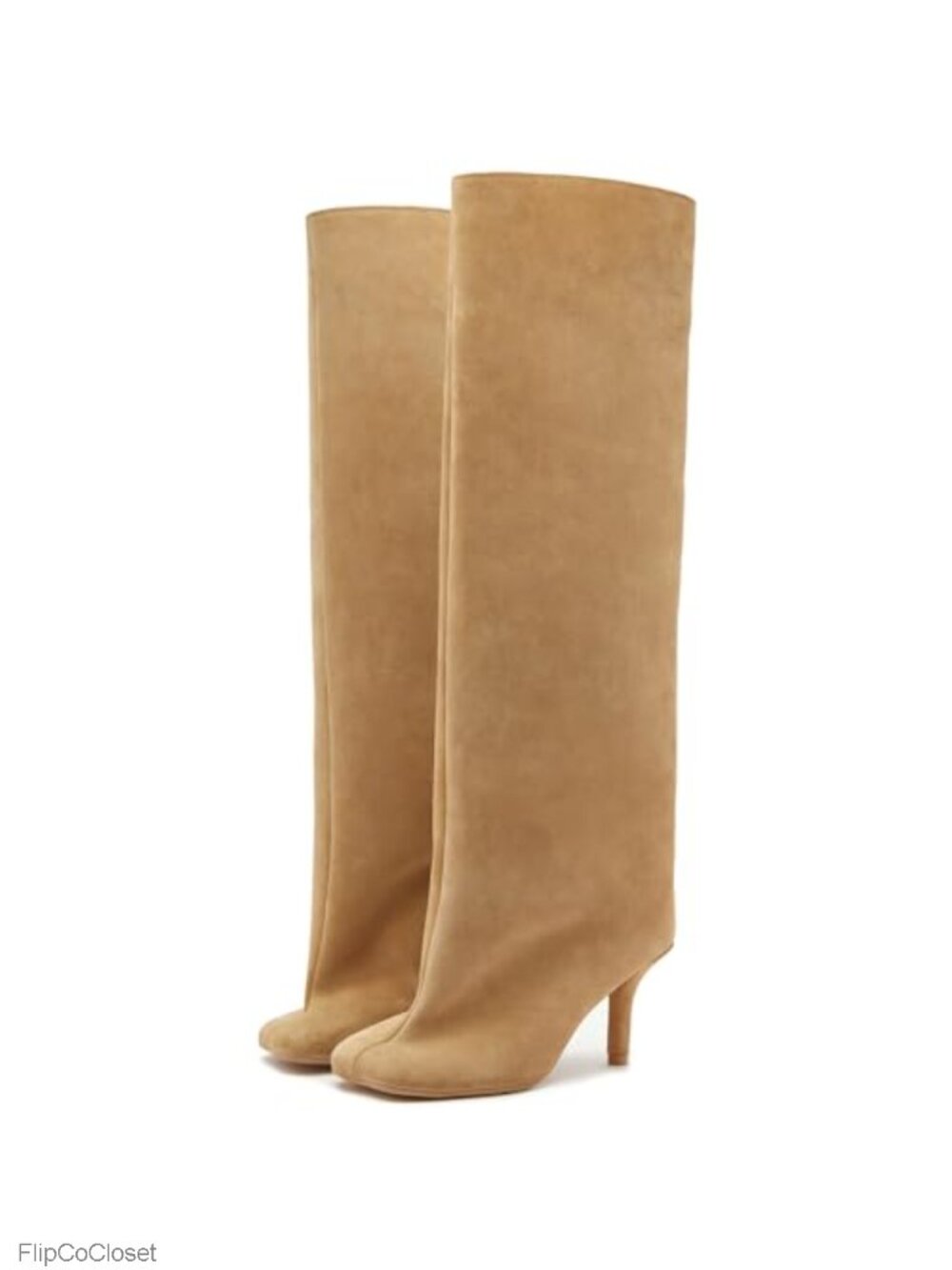 Women's Knee High Boots Suede Square Toe Stiletto Heel Pull On Wide Calf
